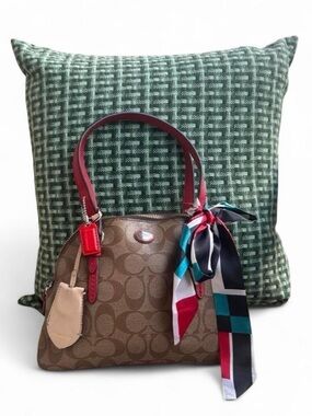 Coach Brown Signature Dome Satchel with Red Handles and Multicolor Scarf